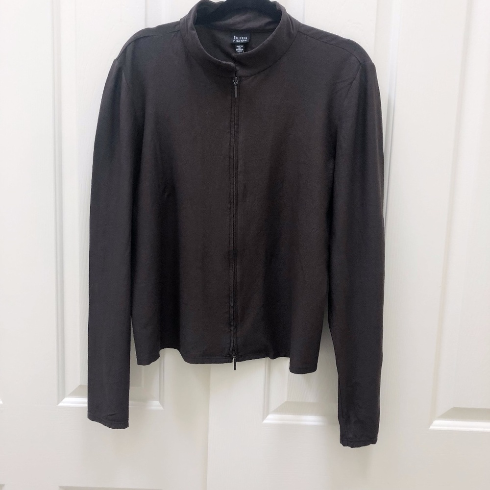 Eileen Fisher Dark Brown Mock Neck Zip Up Light Weight Jacket Size Large